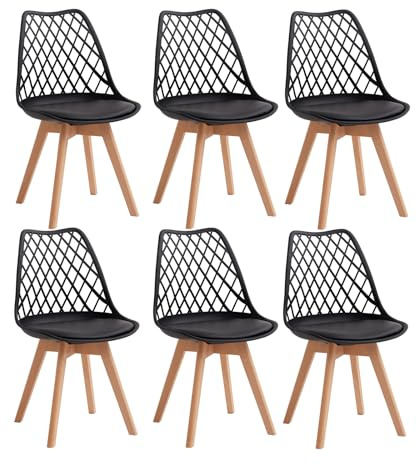 JZGORC Lot de 6 Chaises de Salle à Manger, Chaise de Cuisine avec Dossier en Maille Ajourée et Pieds en Bois de Hêtre, Chaise de Salon avec Coussin en Cuir PU pour Salon, Salle à Manger, Cuisine-Noir
