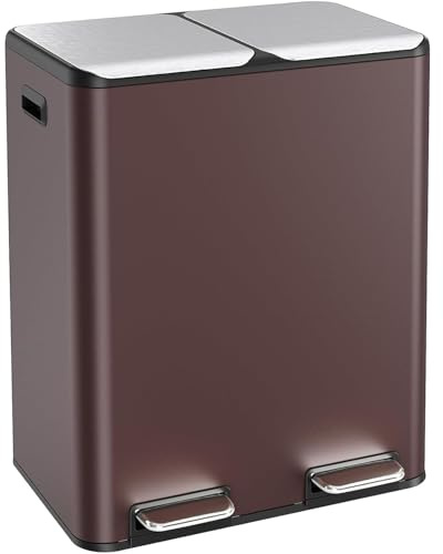 Clevich Mülleimer Küche,2 x 30 Liter Treteimer mit Geruchsfilter,Mülltrennsystem 2 Fächer,Metall Doppelter Küchenabfalleimer,herausnehmbare Inneneimer,braun