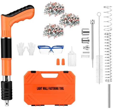Betonnagler mit 200 Nägeln, Nagler mit 5 einstellbaren Stufen, manuelle Nagelpistole mit Handschuhen und Brille, tragbare Nagelpistole, Set für Nägel aus Beton, für Betonwände, Decken (Orange)