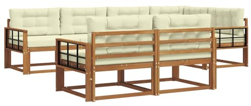 vidaXL Outdoor-Sofagarnitur mit Kissen 7 pcs Natur und Creme, Sofa-Set aus Akazienholz, wetterfeste modulare Gartenmöbel, Outdoor Lounge, Flexibles Sectional-Sitzarrangement