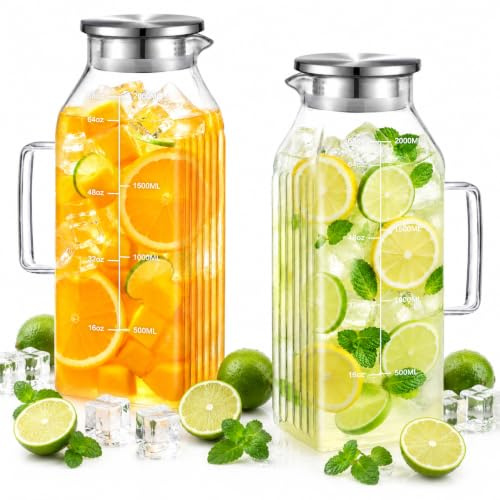 Aofmee Water Jug for Fridge Door, 2L Square Glass Jug with Lid and Scale Line Leak Proof Sangria Jugs Borosilicate Glass Pitcher Carafe, 2pcs