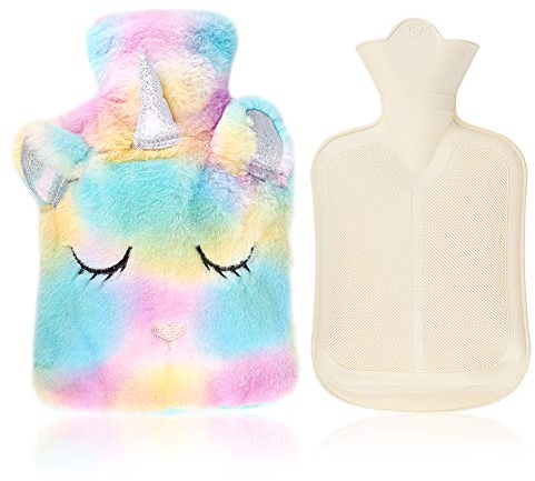 Hot Water Bottle with Cover,Removeable & Washable Soft Unicorn Bottle Cover,Natural Rubber 1 L (Yellow)