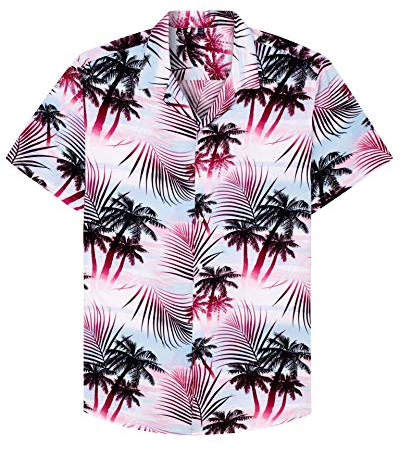 Alimens & Gentle Hawaii-Hemd für Herren, Sommer, Strand, lässig, kurzärmelig, Button-Down-Shirt, bedruckt, tropische Urlaubshemden, Rosy White Palm, XL