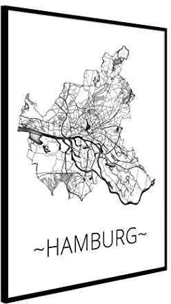 Stadtplan Hamburg Poster | Glasrahmen | hochwertige Wandbilder in schwarz weiß Wohnzimmer DIN A3 Wanddeko Wohnzimmer modern Premium-Qualität Galerie-Rahmen deutsche Manufaktur Fotopapier