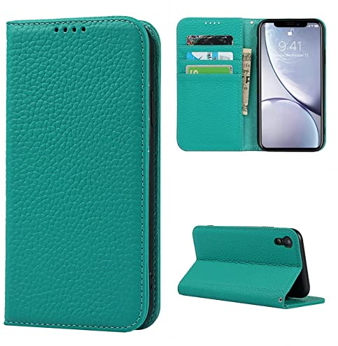Copmob Phone Case iPhone XR,Flip Genuine Leather Wallet Case,[4 Slots][Magnetic closure][With Lanyard],Protective Cover Case for iPhone XR - Sky Blue