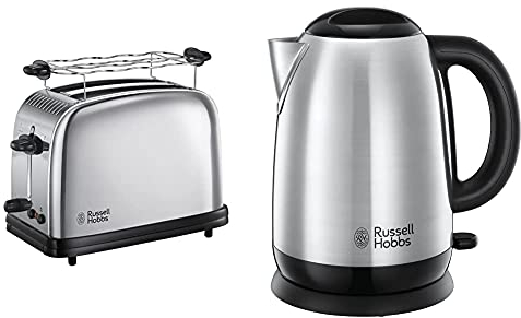 Russell Hobbs Victory Tostadora 2 Ranuras Cortas y Anchas, para 2 Rebanadas, Acero Inoxidable + Adventure Hervidor de Agua Eléctrico 2400 W, 1,7l