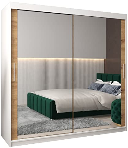 MEBLE KRYSPOL Tokyo 3 200 Schlafzimmerschrank mit Zwei Schiebetüren, Spiegel, Kleiderstange und Regalen – 200x200x62cm - Mattweiß + Artisan