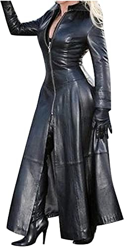 Damen PU Leder Trenchcoat Jacke mit Reißverschluss Sexy Kleid Body Clubwear Langer Lack-Mantel PVC Mantel Lack Optik Matrix Jacke Robe Lange Coat mit Stehkragen Outwear Cosplay Kostüm Party Fasching