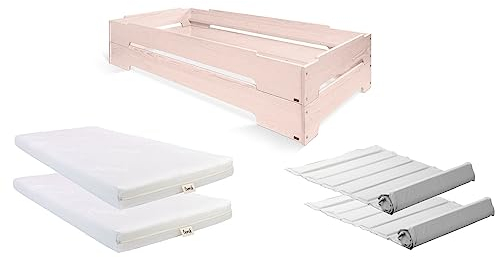 BioKinder Stapelbett Stapelliege 2er Set Kai im Set mit 2X Roll-Lattenrost im Baumwollbezug und bionik Matratze, aus zertifiziertem Massivholz Kiefer Steinrosé lasiert 90 x 200 cm