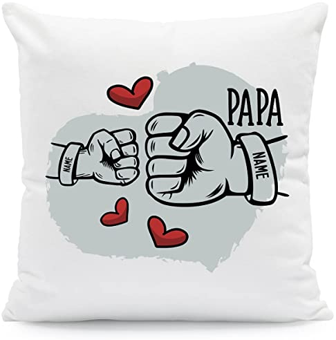 GRAVURZEILE Bedrucktes Kissen - Papa Fist Bump - Personalisiert mit Namen & Datum - Persönliches Geschenk für Papa Vater zum Vatertag Geburtstag - Farbe 1 Kind, Größe mit Füllung
