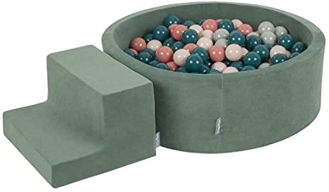 KiddyMoon Spielplatz Velvet Aus Schaumstoff Mit Rund Bällebad (200 Bälle) + Stüfchen Ballgruben Für Babys Spielbad, Hergestellt In EU, Waldgrün: Dunkeltürkis/Pastellbeige/Grüngrau/Lachsfarben