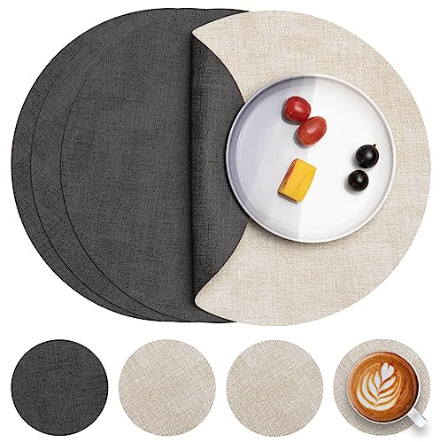 Myir JUN Leather Placemats and Coaster Set of 4, Table Mats Round Waterproof Dual Sided Kitchen Place Mats Coffee Mats Heat Resistant Placemat Non-Slip Washable (set of 4, Grey Linen)