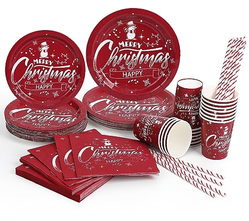 CUSWARE Set di Stoviglie Natalizie per 25 Ospiti - Piatti, Bicchieri, Tovaglioli e Cannucce con Design Natalizio e Pupazzo di Neve - Decorazioni per Feste
