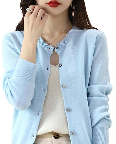 Women's Cashmere Cardigan Round Neck Sweater Spring Autumn Winter Long Sleeve Knitted Solid Color Soft Cardigan Sweater Sky Blue M