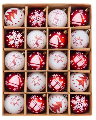 SVNVIOZ 20 Stück 6cm Weihnachtskugeln Rot Weiß, Christbaumkugeln Kunststoff Deko Weihnachten, Bruchsicher Weihnachtsbaumschmuck mit Aufhänger, Weihnachtsbaumkugeln für Weihnachtsdeko Innen Aussen