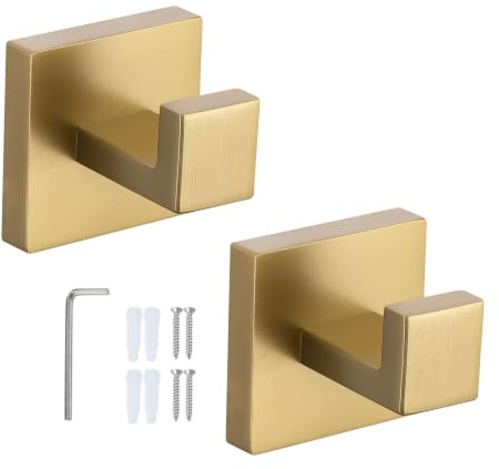 YACVCL Bathroom Towel Hook Brushed Gold Screw in Door Hooks 2 Pack | Robe Coat and Clothes Hooks Hanger SUS304 Stainless Steel Heavy Duty Wall Hooks for Bathroom Kitchen Bedroom