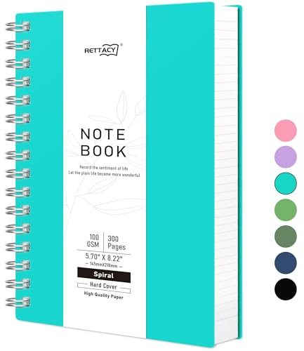 RETTACY Notizbuch A5 Dotted, Bullet Journal Spiral-Notizbuch Gepunktet mit 300 Seiten, Softcover Ringbuch 100 g/m² Dickes für Frauen Männer Arbeit Büro Schule, 14.5 x 21cm - Türkis