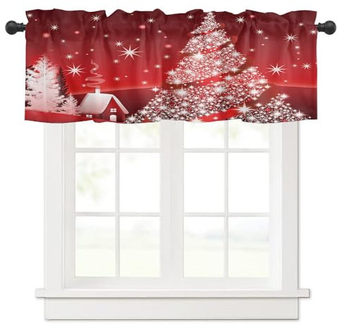 Surwin Bistrogardine Coffee Break Scheibengardine Küchengardine mit Rote Weihnachten Motiven, Kurzgardine Wohnzimmer Landhaus Càfe Gardinen Moderne Kurz Vorhang (137x45cm,leuchtender Weihnachtsbaum)
