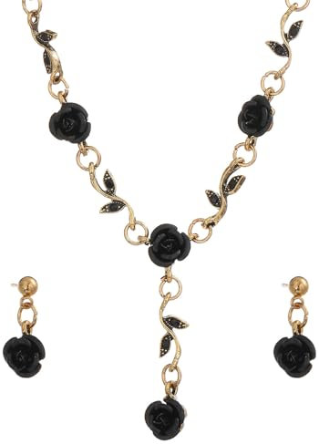 Dishowme Ensemble de 3 colliers et boucles d'oreilles en forme de rose avec pendentif en forme de fleur en cristal vintage pour femmes et filles, Métal