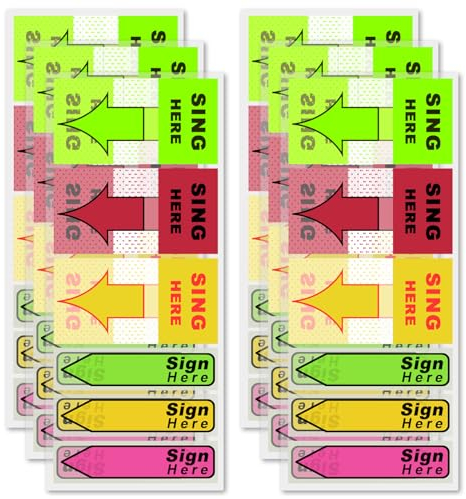 900stk/6 Packungen Schilder zum Unterschreiben, Praktisch Sign Here Pfeilaufkleber mit Spender Fluoreszierend Bunt Haftnotizen-Flagge für Schule Büro Notizbuch Notarbuch (Rot, Grün, Gelb)