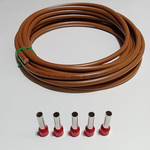 Verdrahtungsleitung 10mm² - schwarz, grau, braun, blau, grün/gelb - H07V-K PVC-Einzelader - Aderleitung feindrähtig flexibel (2-100m) inkl. 5 Aderendhülsen (braun, 10 Meter)