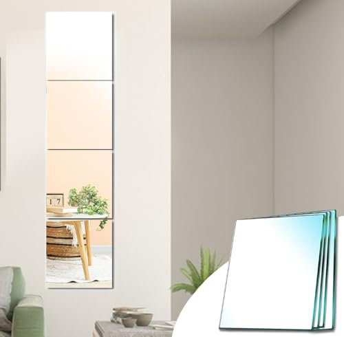 DYLISEA Self Adhesive Mirror Tiles Glass 30x30cm 4 Pack, Stick On Full Length Mirrors, Sticky Wall Mirror Long Wall Mirrors for Bedroom Living Room Hallway Wardrobe Doors