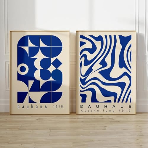 RDRDtbtr Abstrakte Bauhaus-Poster mit blauer Linie geometrische Kunstdrucke Mitte des Jahrhunderts moderne Wand Bilder Vintage-Leinwandgemälde Bilder Zimmer Heimdekoration 50 x 70 cm x 2 ungerahmt