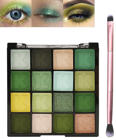 Lidschatten Palette -16 Farben Lidschatten Matt Schimmernde und Pinsel, Eyeshadow Wasserfestes langanhaltendes, Gelb Grün Lidschattenpalette mit hochpigmentierten Farben für verführerische Augen-Set02