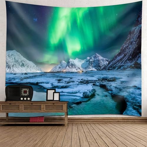 Lirzxin Wandbehang 210x140CM, Wandteppiche Aurora Berg Landschaft Grau Grün Tapisserie Wandtuch für Wohnzimmer Schlafzimmer Picknickdecke Teppich Yogamatte Wanddeko