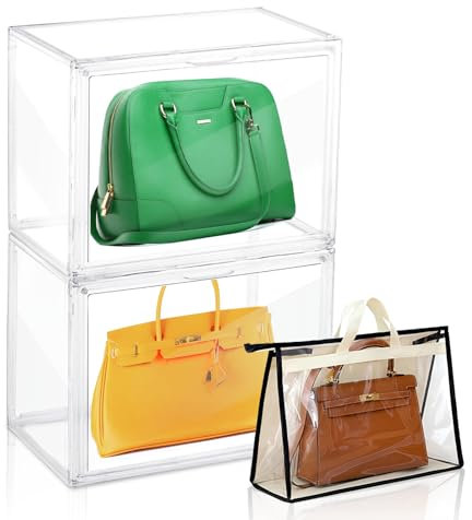 BAOSHISHAN 2 Packs Handbag Storage Organizer, Acrylic Display Box for Handbag,Transparent Handbag Display Case with Magnetic Door,Plastic Storage Box for Book, Purse, Toys, Shoe 36×23×27cm