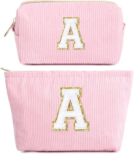 2 PCS Trousse Maquillage Femme, Pochette Maquillage avec Initiale, Sac de Maquillage de Voyage Velours Côtelé Trousse de Toilette Cosmétique Cadeau d'anniversaire Noël Idéal pour Maman Fille, Rose A