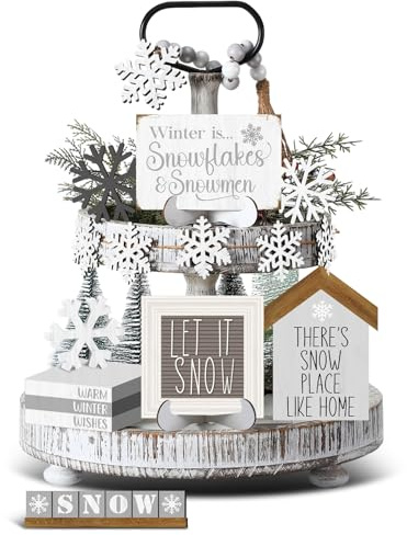 GlikCeil 19 Pcs Winter Tiered Tray Decor Snowflakes Wood Rustic Decoration Tiered Sign Table Centerpieces Without Tray for Tabletop Shelf Winter Xmas Home Party Gifts(Farmhouse)