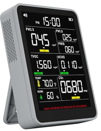 13-in-1 Professional Indoor Air Quality Monitor Indoor Portable PM2.5/PM10/CO2,Temperature, Formaldehyde Detector,Humidity TVOC,Time Display with AQI Beep Alarms Air Quality Tester, for Home & Office