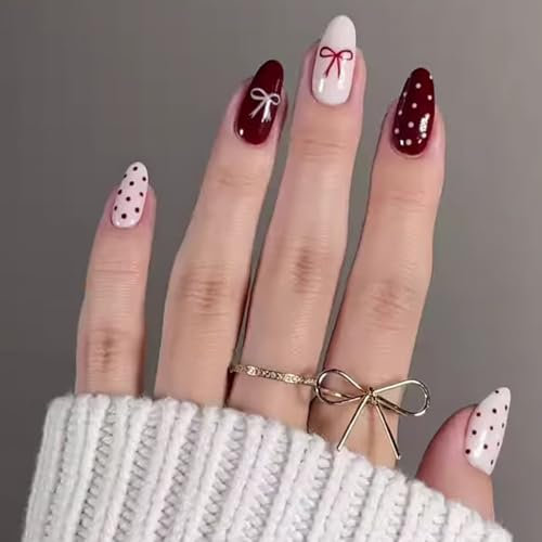 Ceboic 24 Pièces Faux Ongles Amande Français Bourgogne Ongles à Coller Naturel Glossy Press on Nails avec Nœud Dessin Acrylique Couverture Complète Ongles Artificiels pour Femmes et Filles