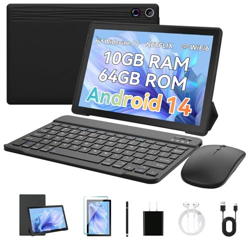 Freeski Tablets 10 inch Tablet Android 14,Octa-Core Processor,12GB RAM 64GB ROM 1TB Expand,5G WiFi 6,1280 x 800 HD/Dual 5MP+8MP Camere/Bluetooth 5.0/Face ID,Android Tablet with Keyboard+ Mouse + Case