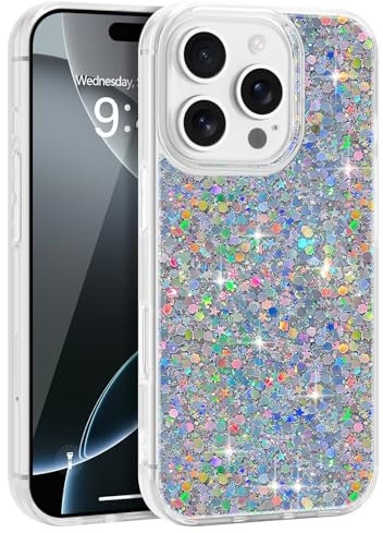 LCHULLE Designed for iPhone 16 Pro Case,Women Girls Glitter Bling Shockproof Bumper Cover,Cute Sparkly Shiny Slim Fit Protective Phone Case for iPhone 16 Pro 6.3 inch,Silver