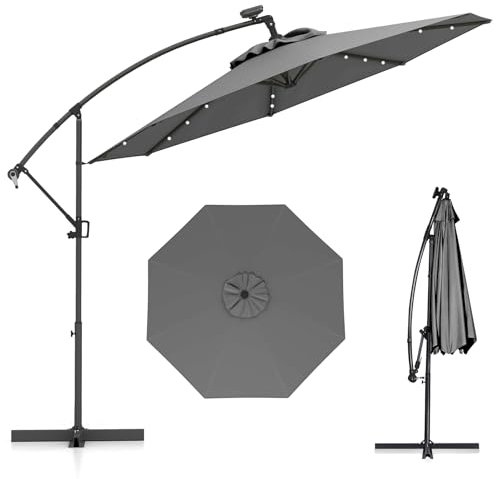 COSTWAY Parasol Déporté Professionnel 3M, Grand Parasol de Jardin Extérieur 32 LED Solaire avec Manivelle, Inclinable et Rotation à 360°, Base Croisée, pour Patio, Terrasse, Balcon (Gris)