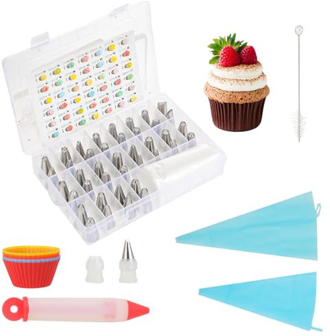 Poche a Douille Set 64 pièces - 42 Douilles en Acier Inoxydable - Poche à Douille pâtisserie réutilisable de 30 cm - Spatule, Brosse & Adaptateur - pour Cupcakes, gâteaux, décoration