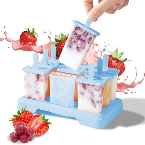 FairyPeach Moldes para Helados, Reutilizable Molde de Silicona para Hacer Helados & Paletas, 9 Cavidades DIY Molde Helado Bebe con Palo Sin BPA, Ice Cream Mold con Cepillo de Limpieza y Embudo - azul