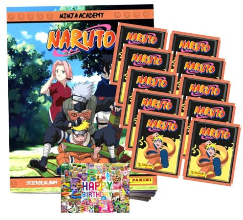 Bundle mit Panini Naruto Sticker - Ninja Academy Sammelsticker (2025) - 1 Album + 10 Tüten + Exklusive Geburtstagskarte