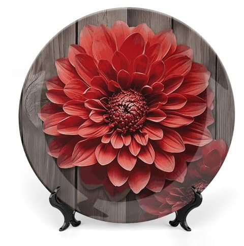 Eekstdbn Bone China Decorative Plate 10inch Flower Red Dahlia Ceramic Dinner Plates Ceramic Ornaments for Wall Hanging Decoration Art Crafts Porcelain Ornaments for Home Office Decor