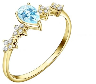 ANAZOZ Engagement Rings and Band for Women 4x6mm Water Drop with Created Aquamarine and Moissanite, Wedding Ring 9 Karat Gold Women, Gold, Size P 1/2