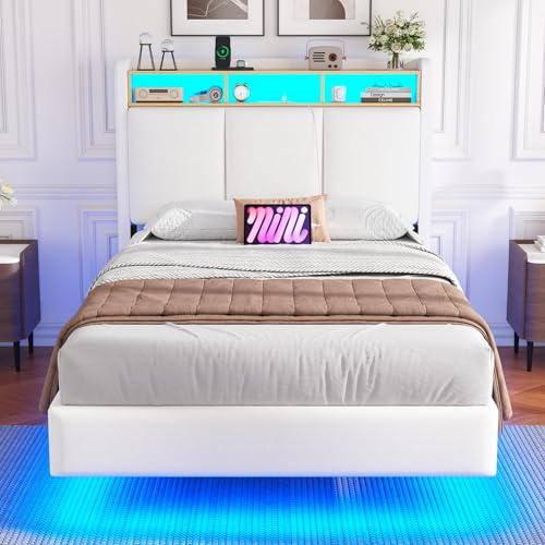 DICTAC Floating Single Bed Frame with Upholstered Storage Headboard, LED Lights & Charging Station (2 AC Sockets, 1 USB-A Port and 1 USB-C Port) 3ft Upholstered Single Bed with Solid Wood Slats, White