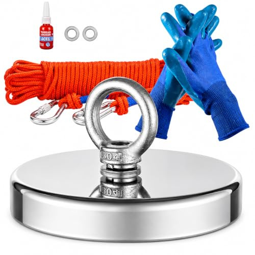 Magnet Fishing Kit 250KG (550lb) Ø75mm Super Strong Neodymium Magnet with Rope (50ft-15M), Carabiner, Gloves, Threadlocker Powerful Magnets