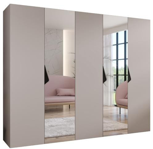 MEBLE KRYSPOL - Kleiderschrank - Garderobenschrank - 250 cm x 202 x 52 cm - Schrank mit Kleiderstange und Spiegel, 5 Türen - für Schlafzimmer, Flur - SANDI, Kaschmir, Griff Schwarz