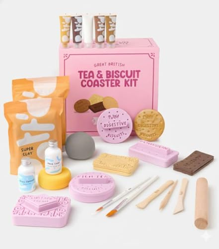 Pott’d Tea & Biscuit Coaster Pottery Kit for Beginners, Air Dry Clay Kit for Adults, DIY Craft Kit Includes Air Dry Clay, Biscuit Stamp Cutters, Paints, Tools and Video Guides