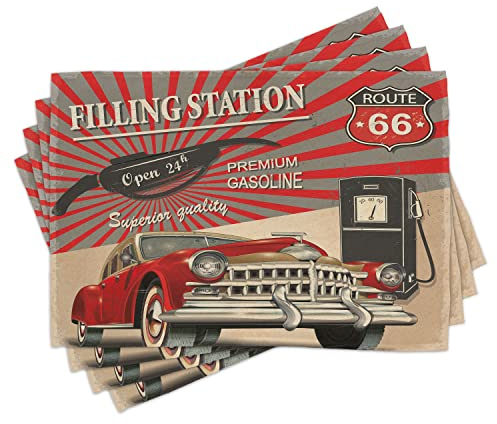ABAKUHAUS Autos Platzmatten, Retro Postereffekt, Waschbare Stoff Esszimmer Küche Tischdekorations Digitaldruck, Hellbraun Dunkelrosa