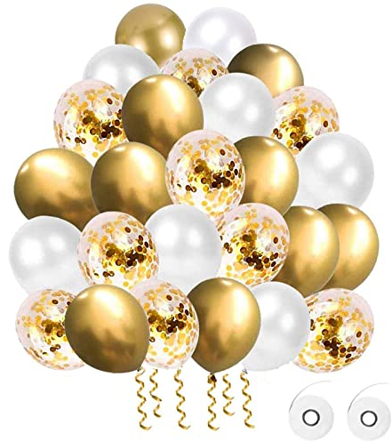 Flow.month 60 Stück Luftballons, Gold Weiß Konfetti Metallic Latex Helium Ballons für Hochzeit Mädchen Kinder Geburtstag Party Dekoration (Golden)