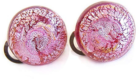 VENEZIA CLASSICA - Orecchini da Donna in Vetro di Murano Originale con foglia in argento, modello Cabochon, chiusura a Clip, Made In Italy certificato (rosa)