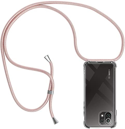 CHIMUCO Handykette Hülle kompatibel mit Xiaomi Mi 11 Lite 4G / 11 Lite 5G, Handyhülle Handy Necklace Hülle mit Band Schutzhülle Kordel zum Umhängen Transparent Weich TPU Silikon Tasche, Rosé Gold